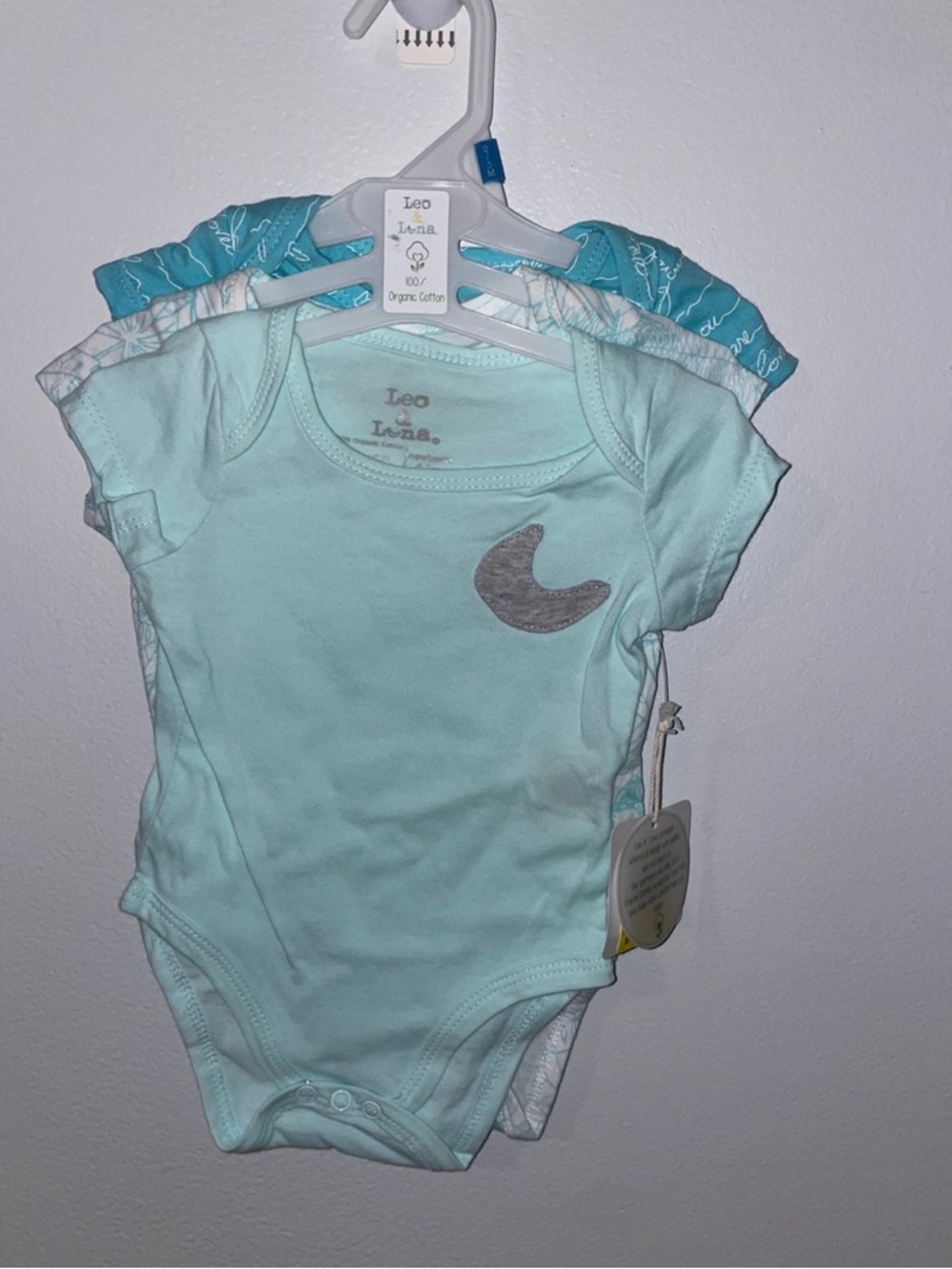 Mint Short Sleeve Set of 3 Baby One-Piece Bodysuit with Moon Applique
